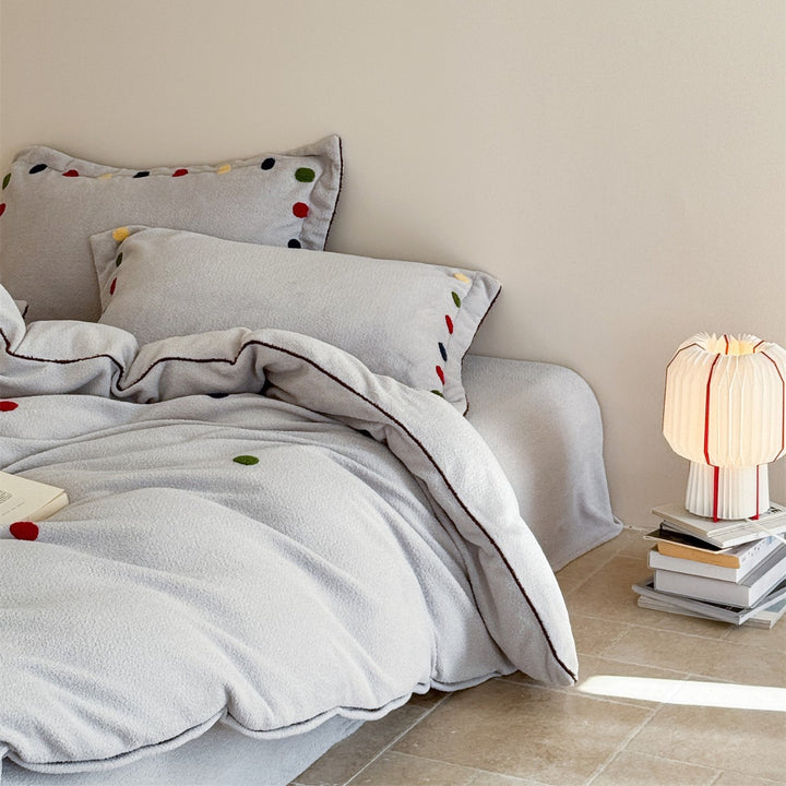 Plush Textured Duvet Cover Set with Contrast Piping and Embroidered Dot Accents