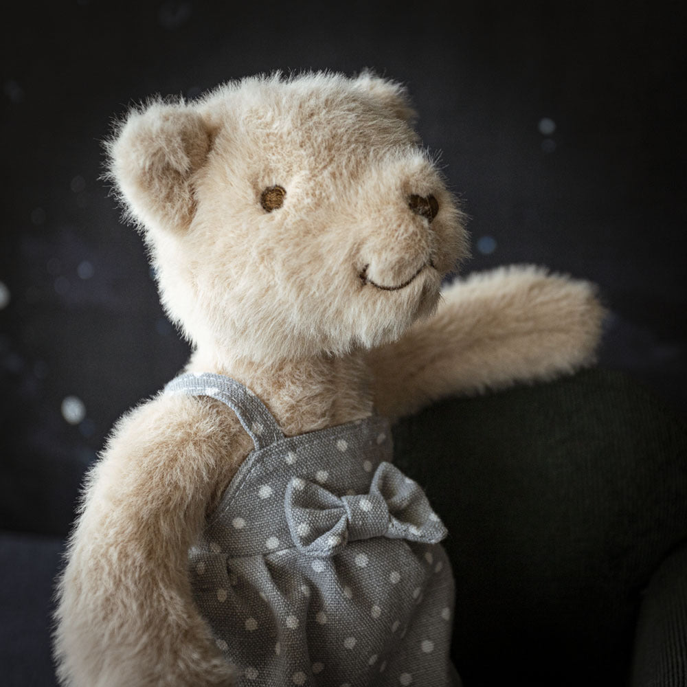 Handcrafted Luxury Plush Teddy Bear with Polka Dot Linen Dress