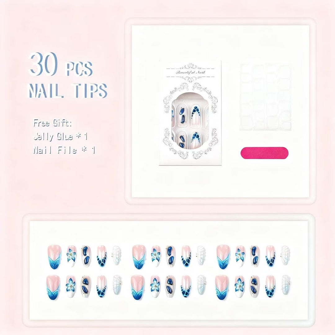 Artistic Press-On Nail Tips Set with Floral and Geometric Patterns Stornfield