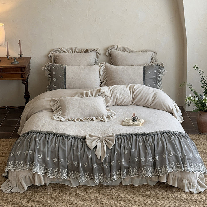Luxury Ruffled Velvet-Jacquard Duvet Cover Set with Embroidered Lace Skirt & Bow