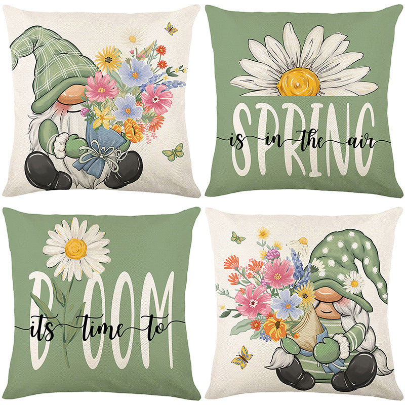 Botanical Daisy Spring Typography Linen-Texture Square Pillow Cover with Concealed Zipper