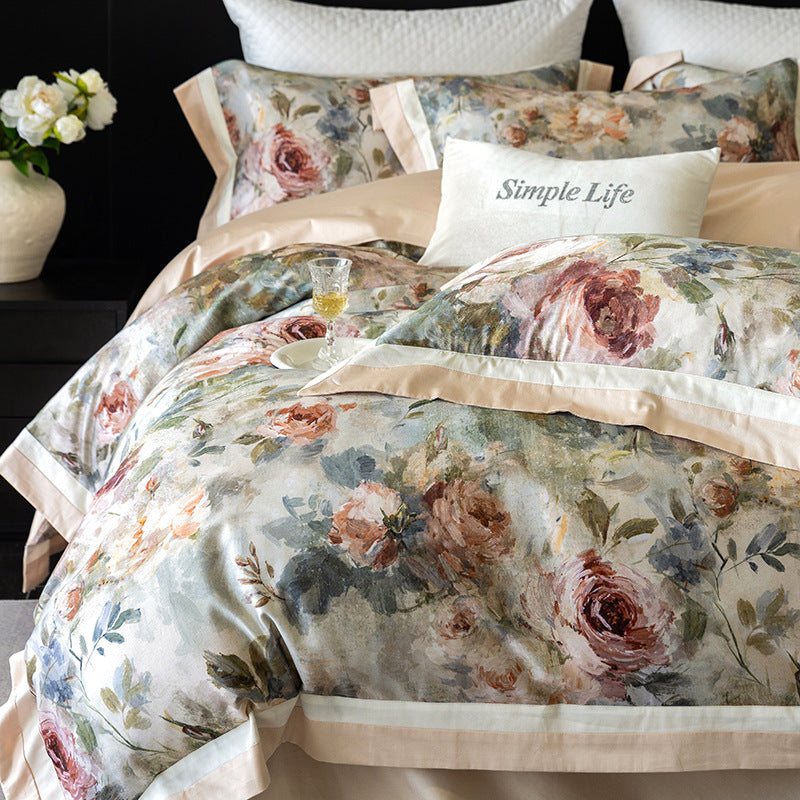 Vintage Painterly Floral Brushed Microfiber Duvet Cover Set with Contrast Ribbon Border