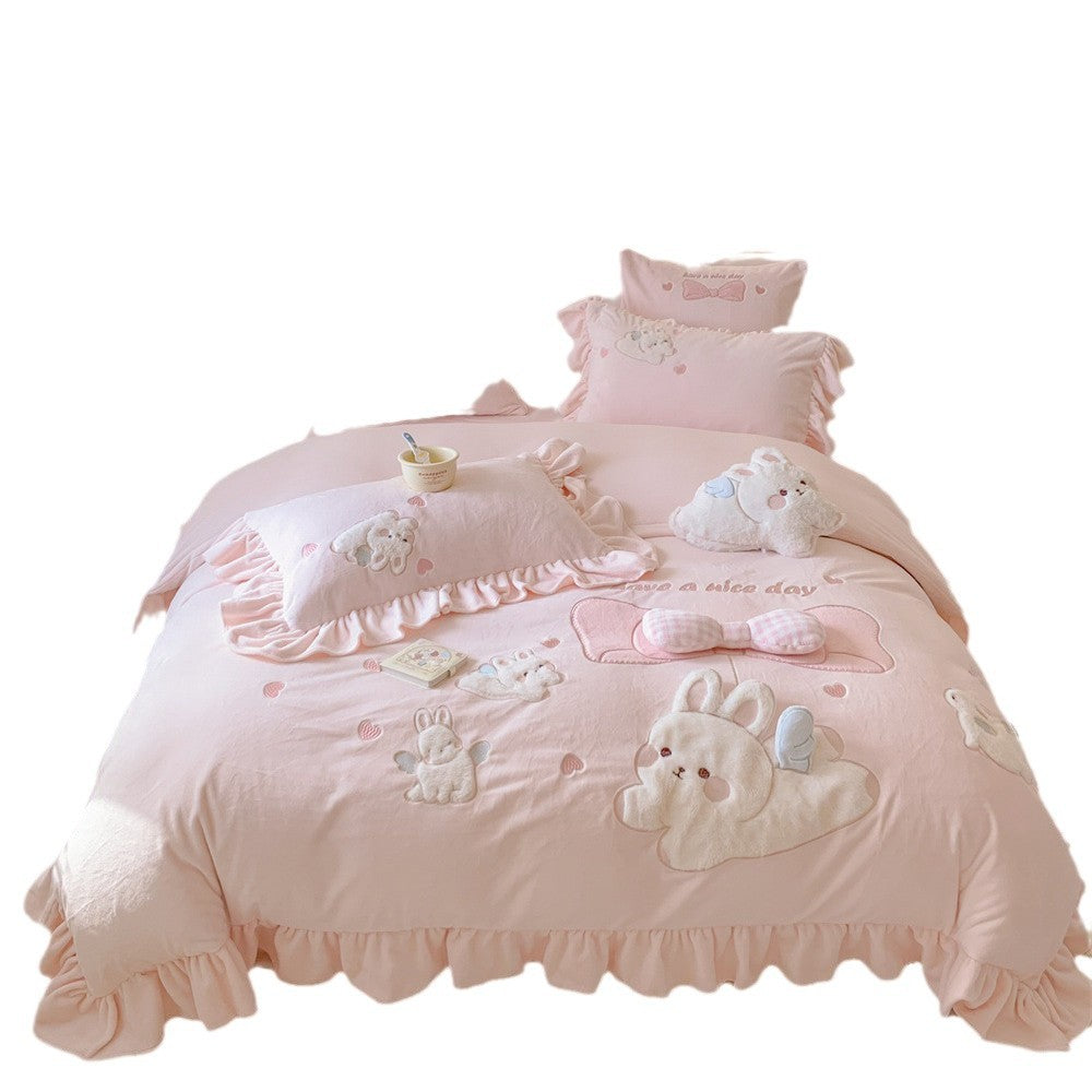 Ruffled Embroidered Bunny Appliqué Cotton Duvet Cover Set with Pillow Shams