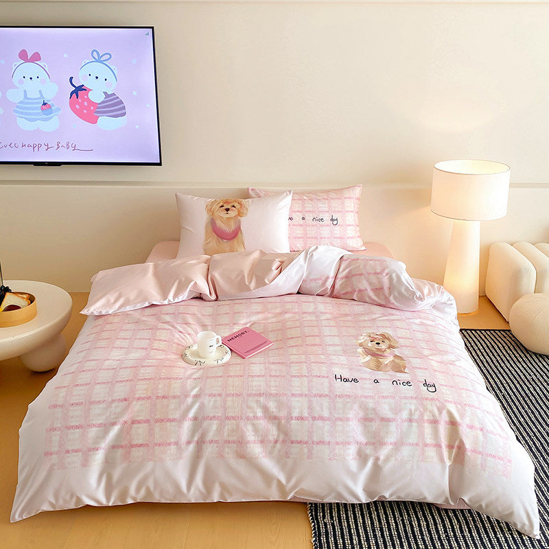 Playful Pink Plaid Cotton Sateen Duvet Cover Set with Cute Dog Print & Reversible Silky Finish