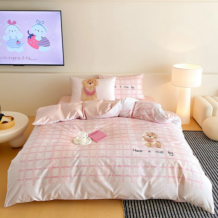 Playful Pink Plaid Cotton Sateen Duvet Cover Set with Cute Dog Print & Reversible Silky Finish