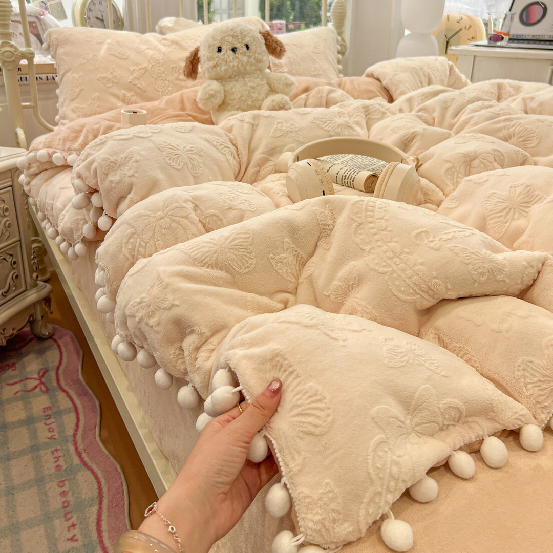 Plush Embossed Butterfly Duvet Cover Set with Pom-Pom Trim