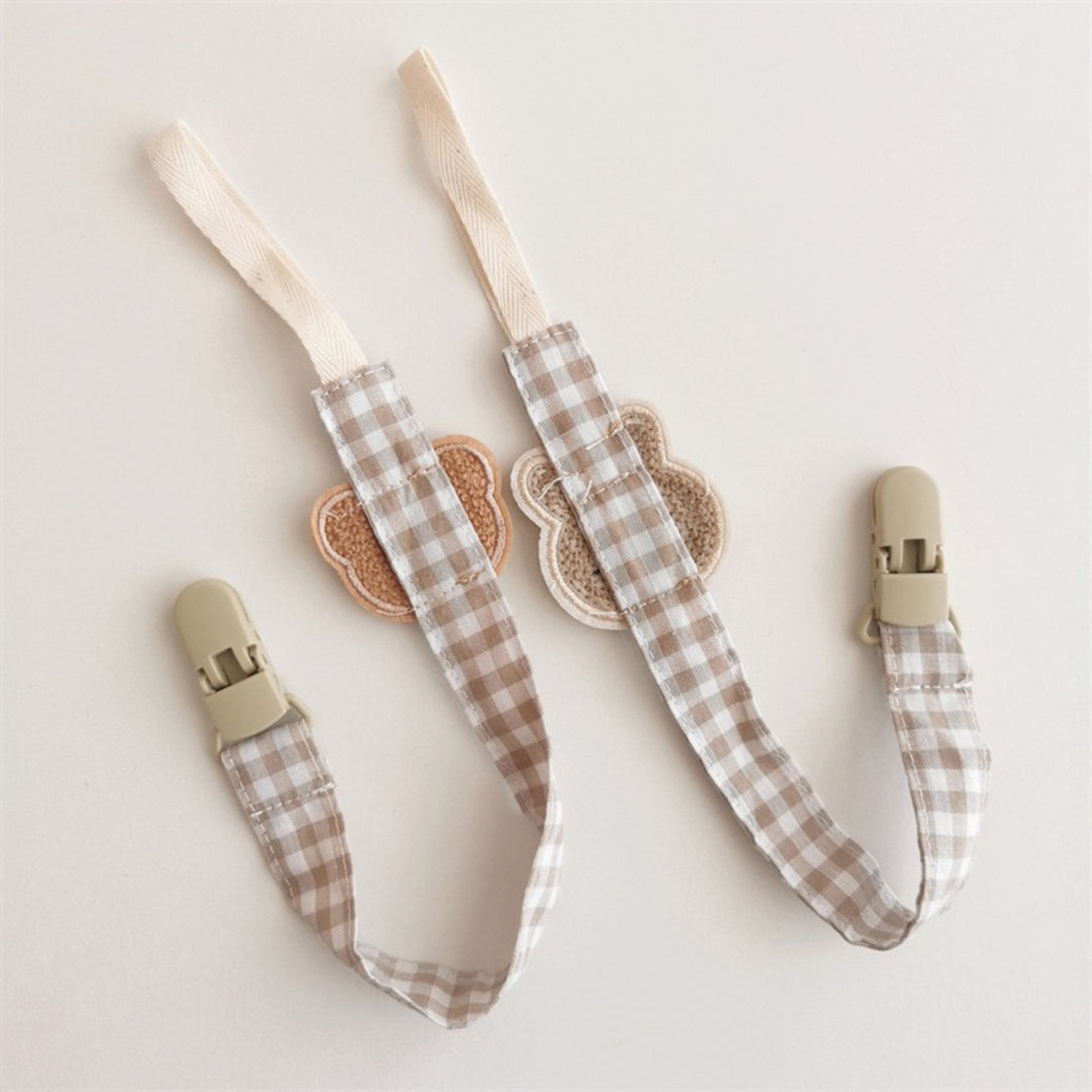 Gingham Cotton Pacifier and Teether Clip with Embroidered Bear Applique