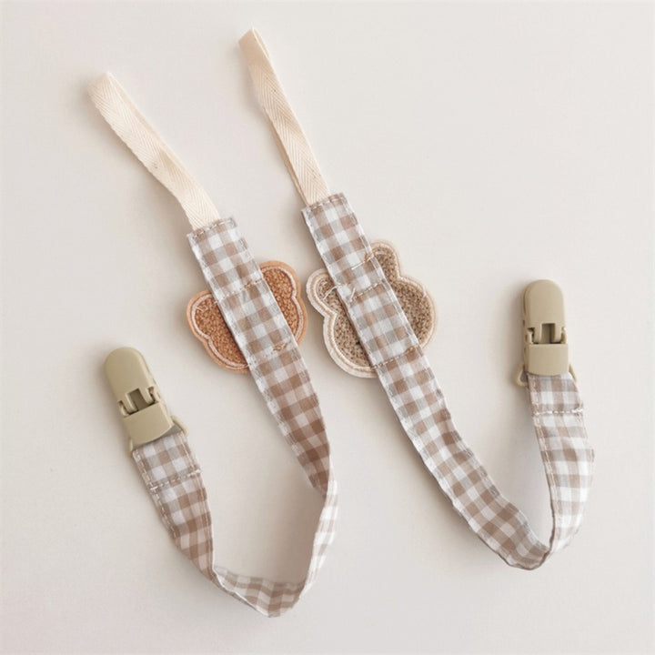 Gingham Cotton Pacifier and Teether Clip with Embroidered Bear Applique