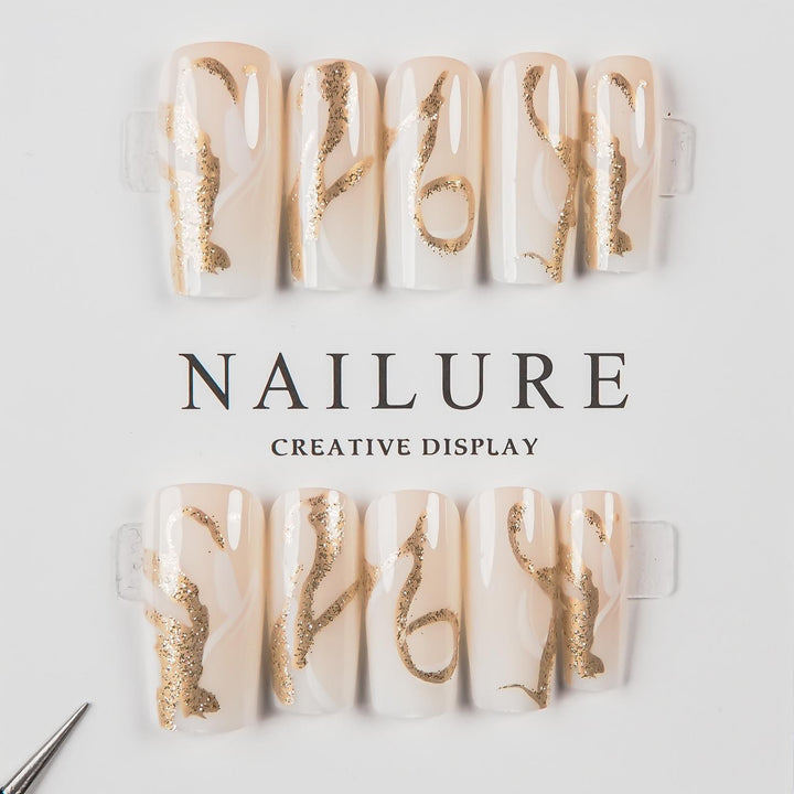 Decorative Press-On Nail Art Set with Gold Accents