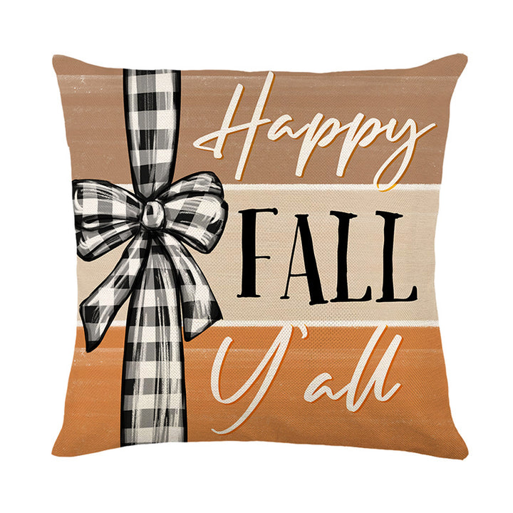 Rustic Farmhouse Autumn Pumpkin Linen-Cotton Throw Pillow Cover with Buffalo Check Bow Print