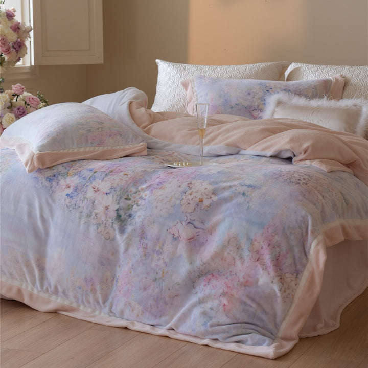 Pastel Watercolor Floral Brushed Microfiber Duvet Cover Set with Faux-Fur Accent Pillow
