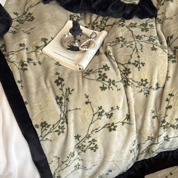 Quilted Floral Embroidered Duvet Cover Set with Velvet Ruffle Trim