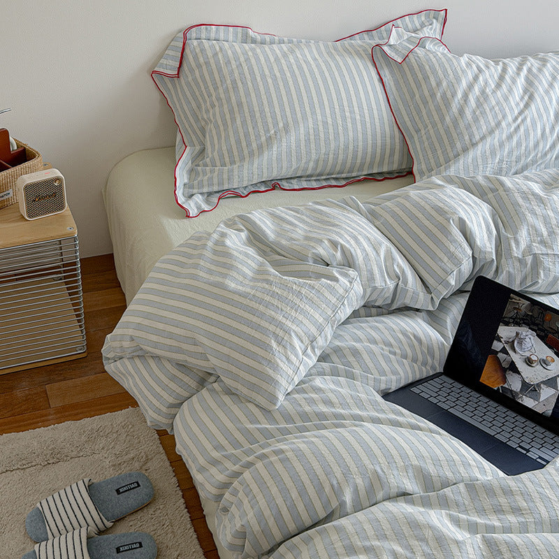 Striped Cotton-Linen Duvet Cover and Pillowcase Set with Brushed Soft Breathable Weave