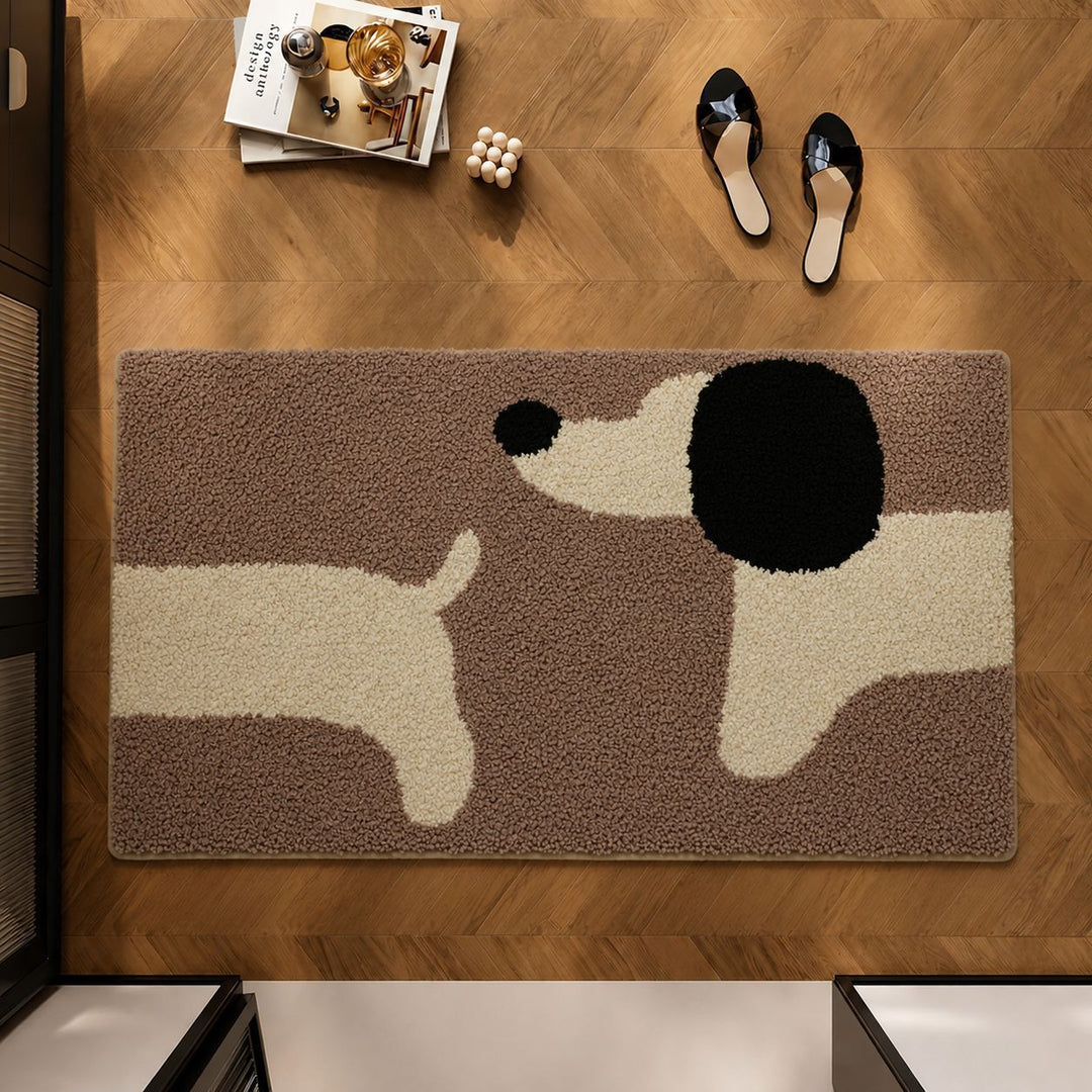 Tufted Shag Rectangular Accent Floor Rug with Stylized Dog Silhouette Motif