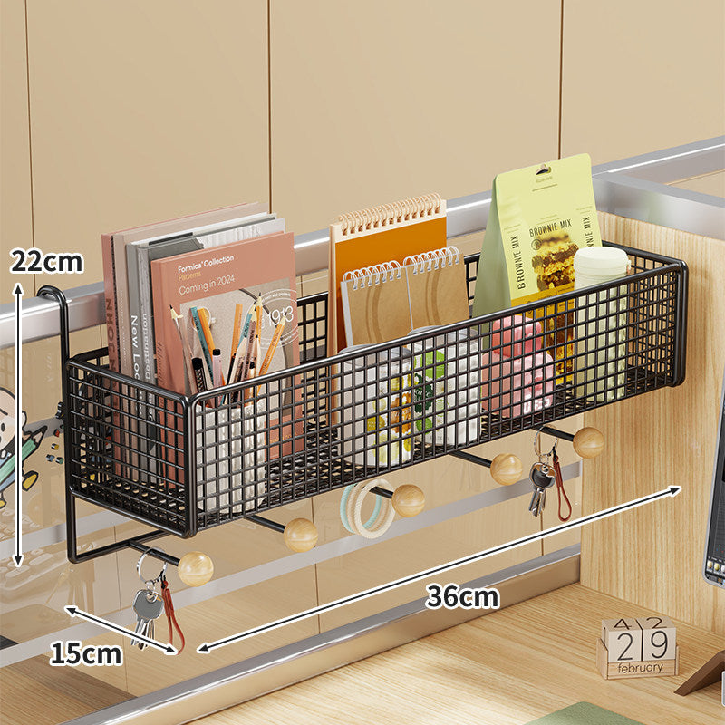 Desk Rail-Mounted Mesh Organizer Basket with Hooks