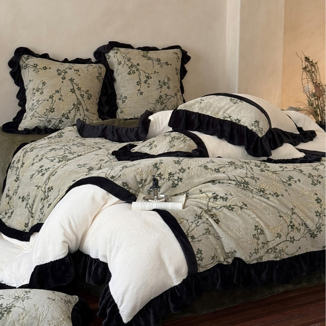 Quilted Floral Embroidered Duvet Cover Set with Velvet Ruffle Trim