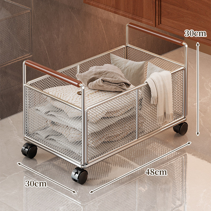 Rectangular Metal Mesh Storage Basket with Dual Wood-Hand Grips