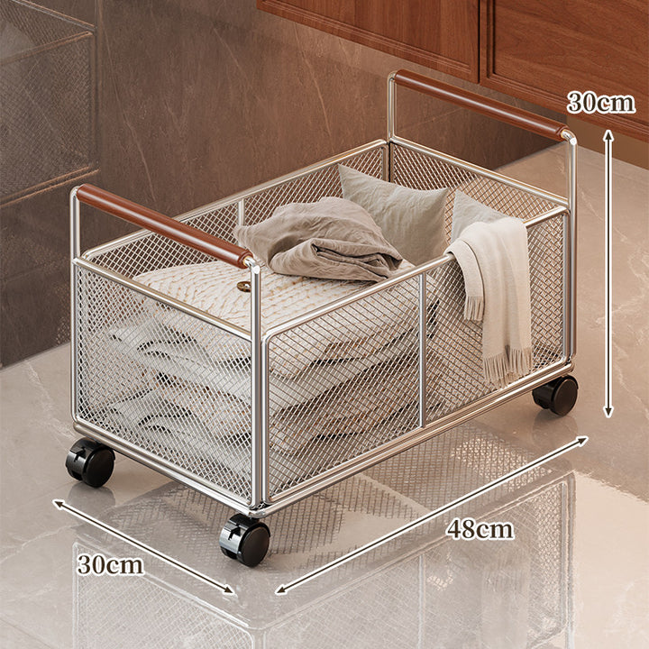 Rectangular Metal Mesh Storage Basket with Dual Wood-Hand Grips