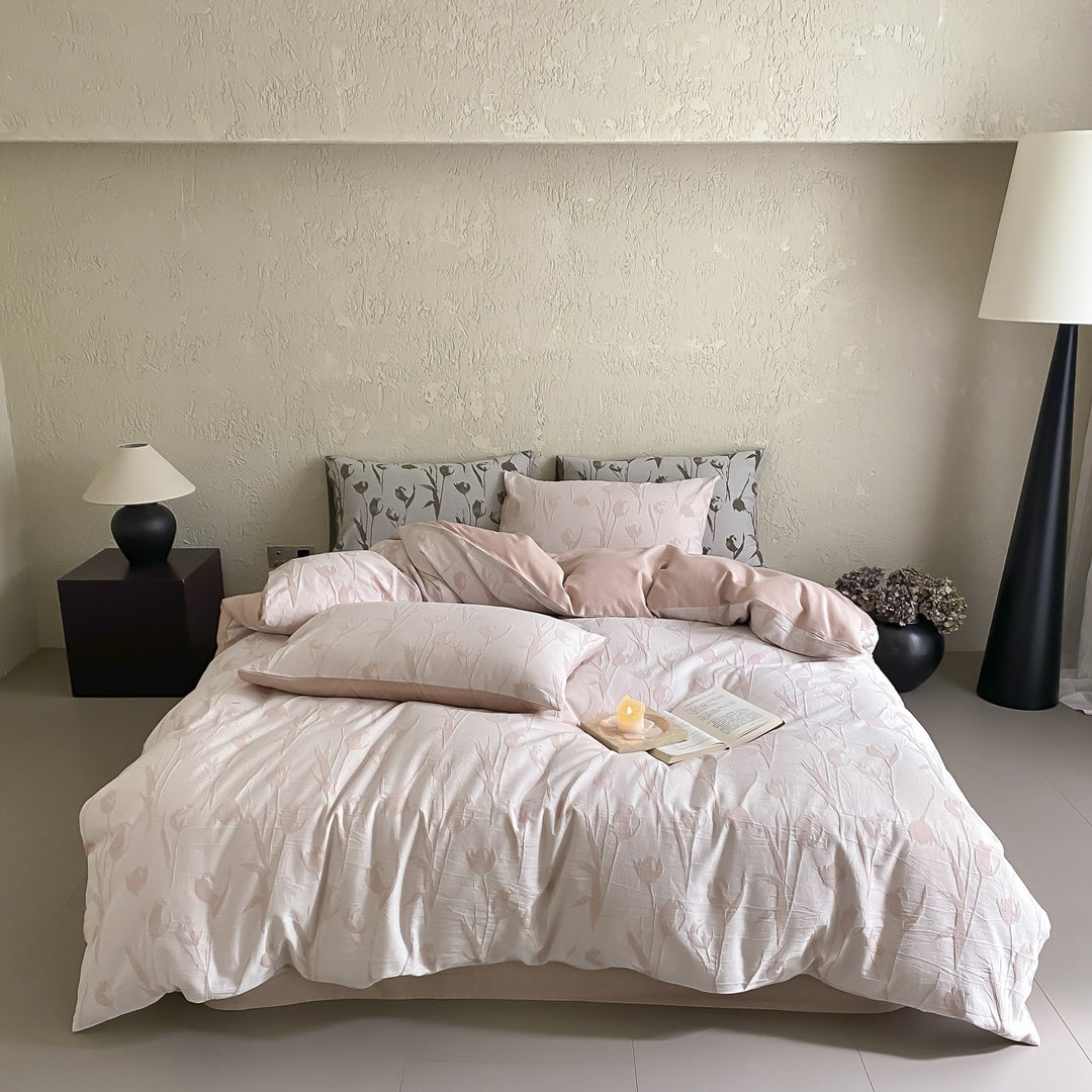 Floral Micro-Print Cotton Sateen Duvet Cover Set with Reversible Solid-Back and Pillow Shams