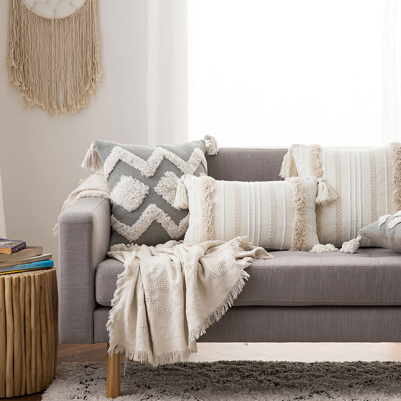 Decorative Tassel Embroidered Lumbar and Square Pillow Set