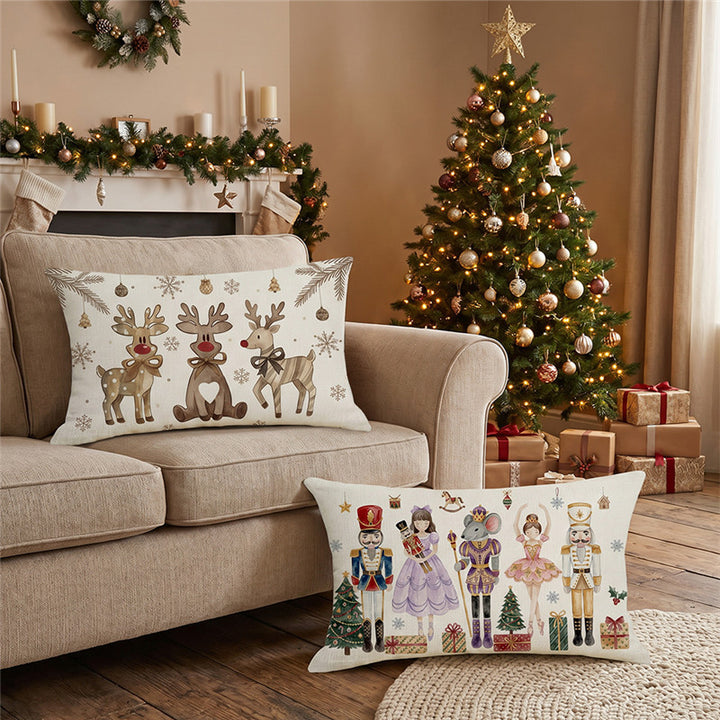 Decorative Rectangular Linen Cushion Cover with Nutcracker Ballet Christmas Print