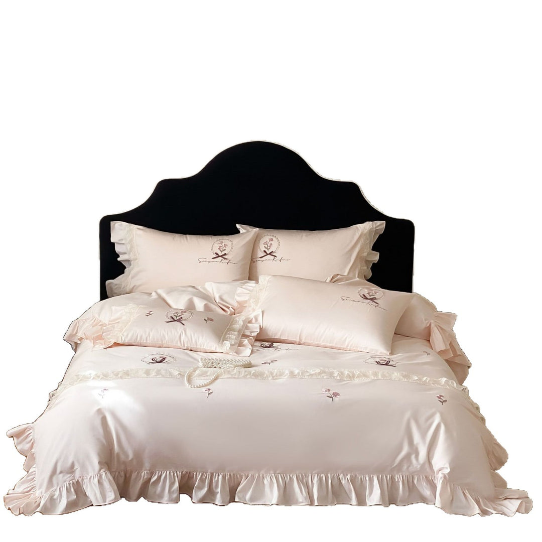 Bedding set made of cotton satin with frill ruffle, delicate flower embroidery and pillowcases