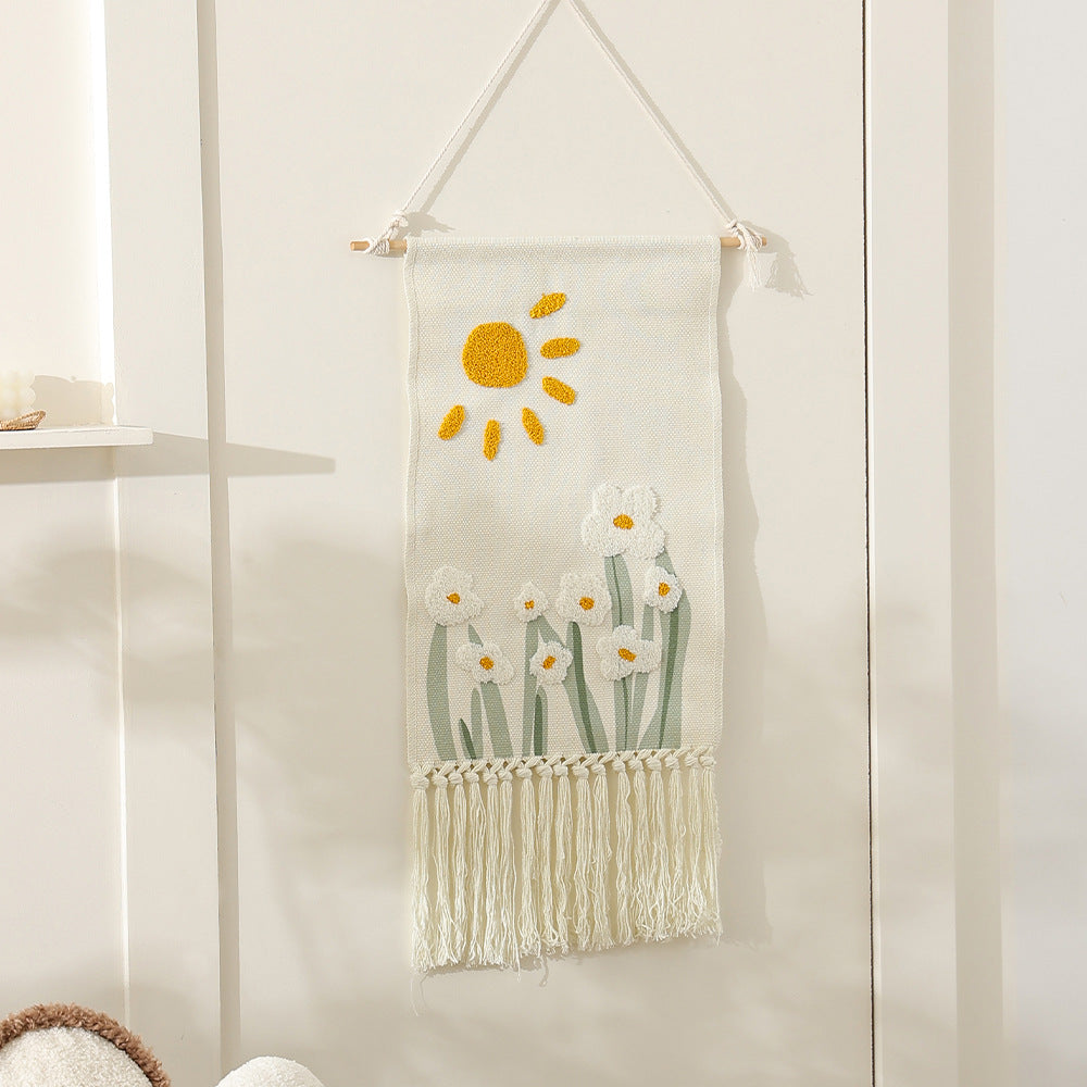 Boho Wall Hanging with Woven Flower Tufting and Macrame Fringes