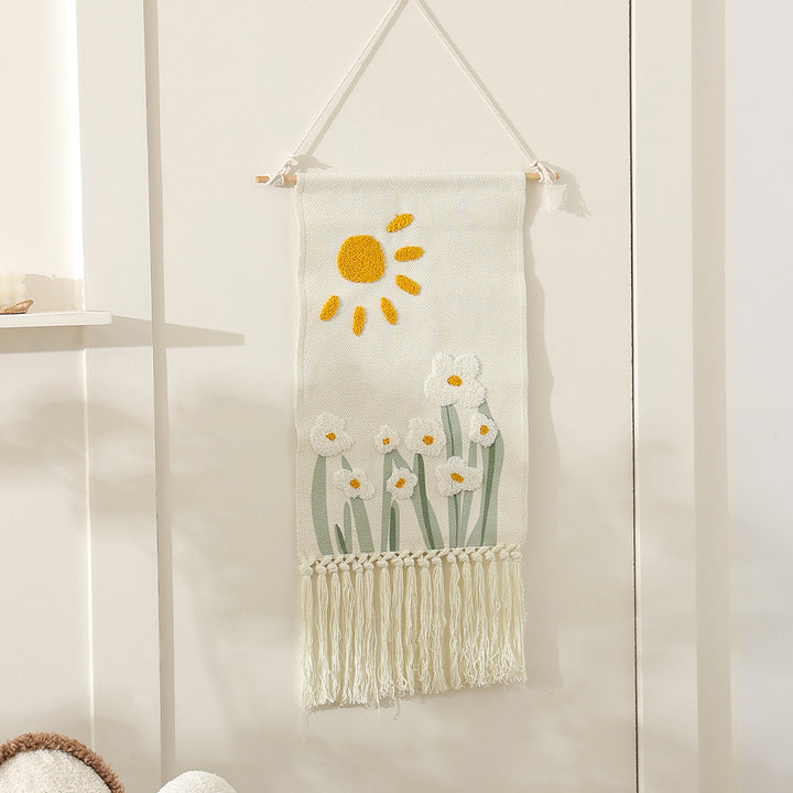 Boho Wall Hanging with Woven Flower Tufting and Macrame Fringes