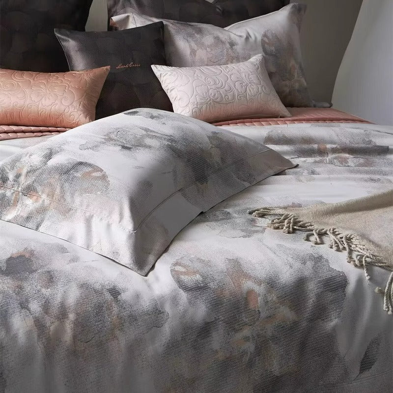 Marble-Effect Luxury Cotton-Sateen Duvet Cover Ensemble with Hidden Closure & Euro Shams