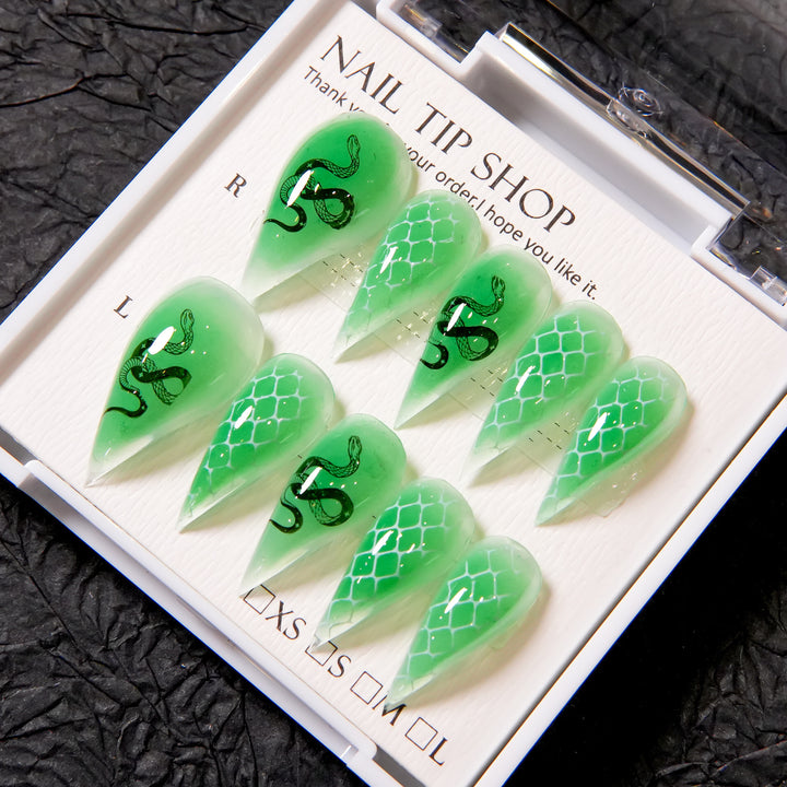 Artistic Stiletto Press-On Nails with Snake Design