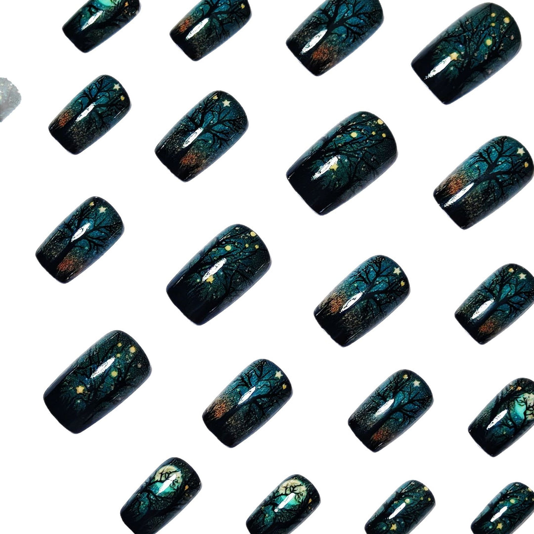 Creative Acrylic Nails with Midnight Forest Design Stornfield