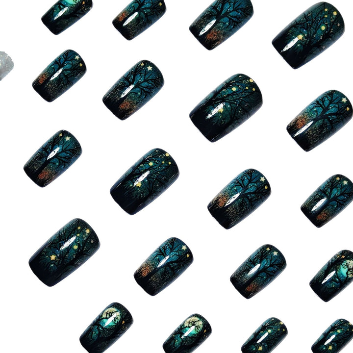 Creative Acrylic Nails with Midnight Forest Design Stornfield