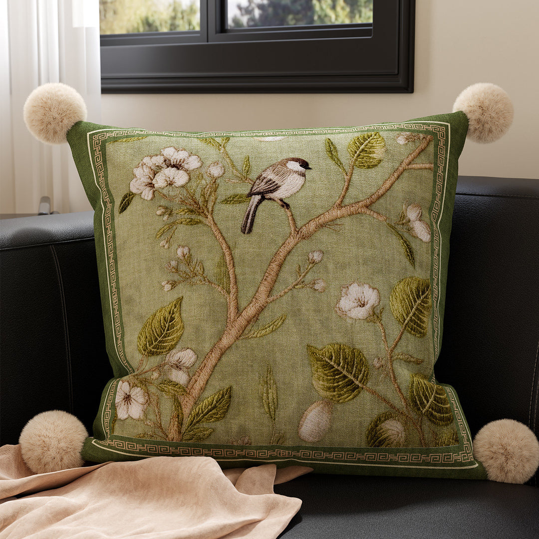 Embroidered Botanical Velvet Throw Pillow with Pom Pom Corners