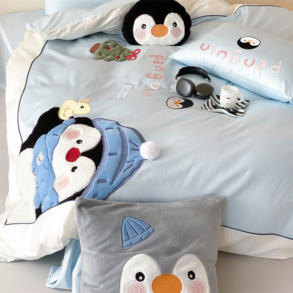 Children's Penguin Appliqué Duvet Cover Set with Plush Accent Pillow