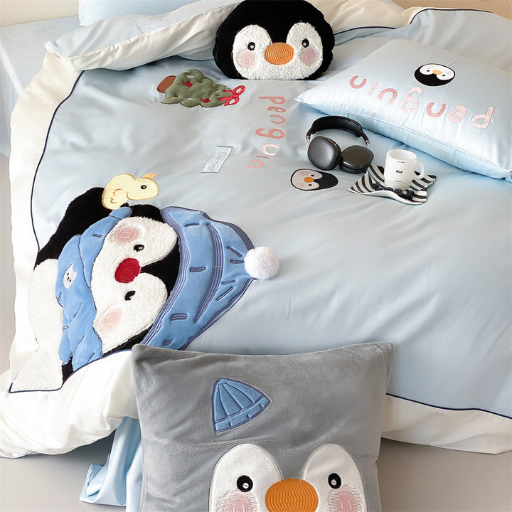 Children's Penguin Appliqué Duvet Cover Set with Plush Accent Pillow