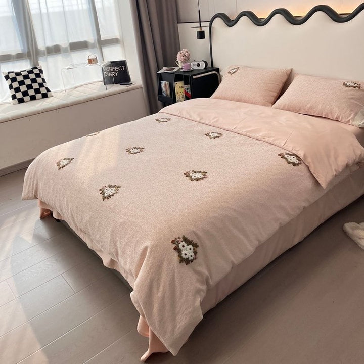 Embroidered Floral Cotton-Sateen Duvet Cover Set with Skirted Fitted Sheet and Matching Pillow Shams