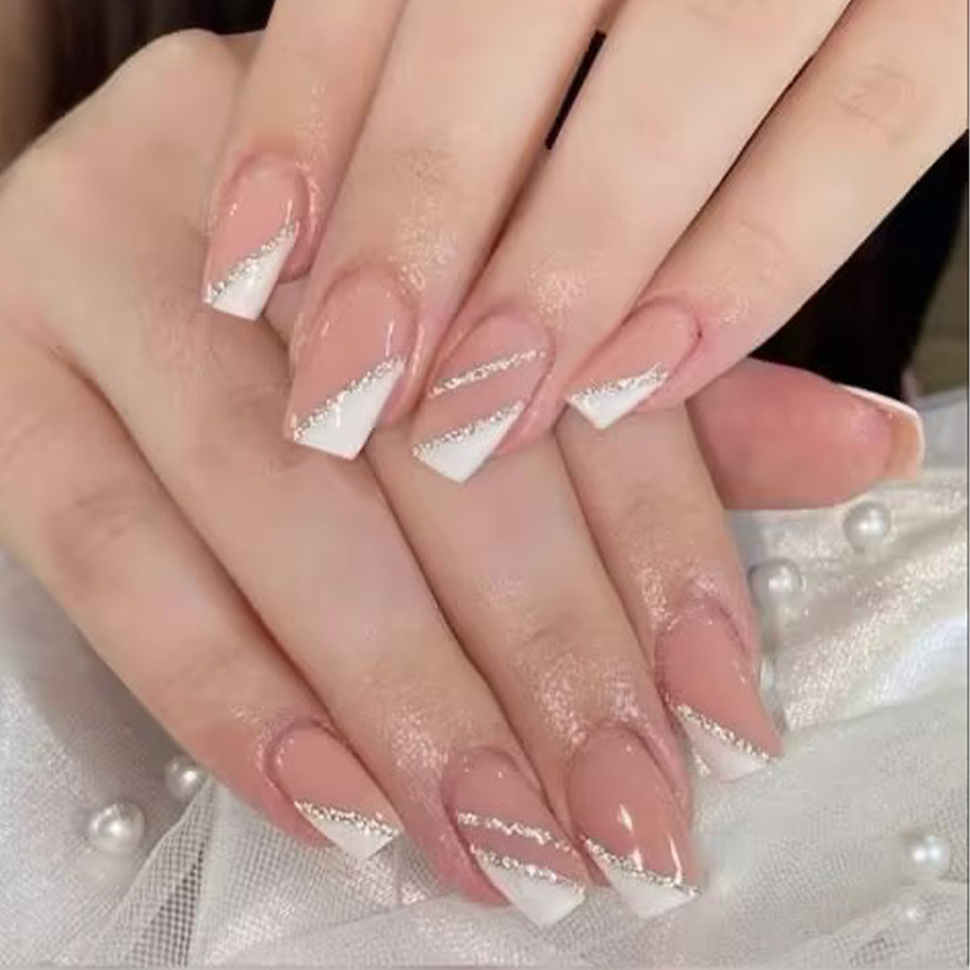 Elegant French Tip Stiletto Press-On Nails with Glitter Accents Stornfield