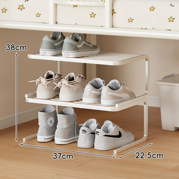 Compact Low-Profile Two-Level Metal Shoe Organizer Rack