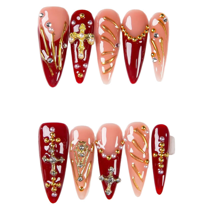 Artistic Stiletto Press-On Nail Set with Decorative Gem Accents