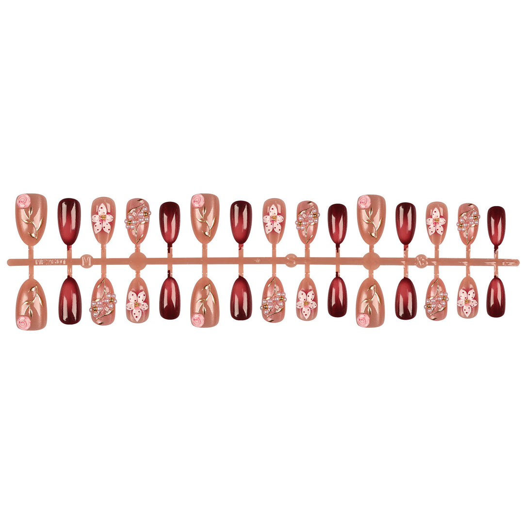 Artistic Press-On Nail Art Set with Floral Accents