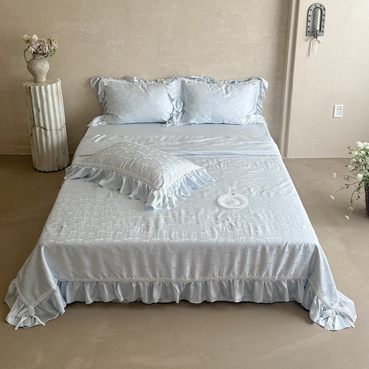 Satin bedding set with jacquard bow relief, gathered ruffle and lace trim