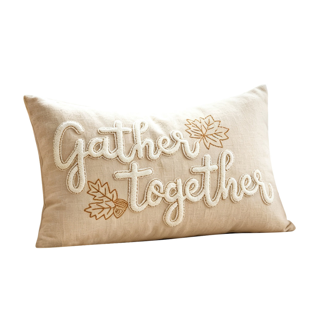 Embroidered Autumn Maple Lumbar Pillow Cover with Textured Chenille Leaf Appliqué