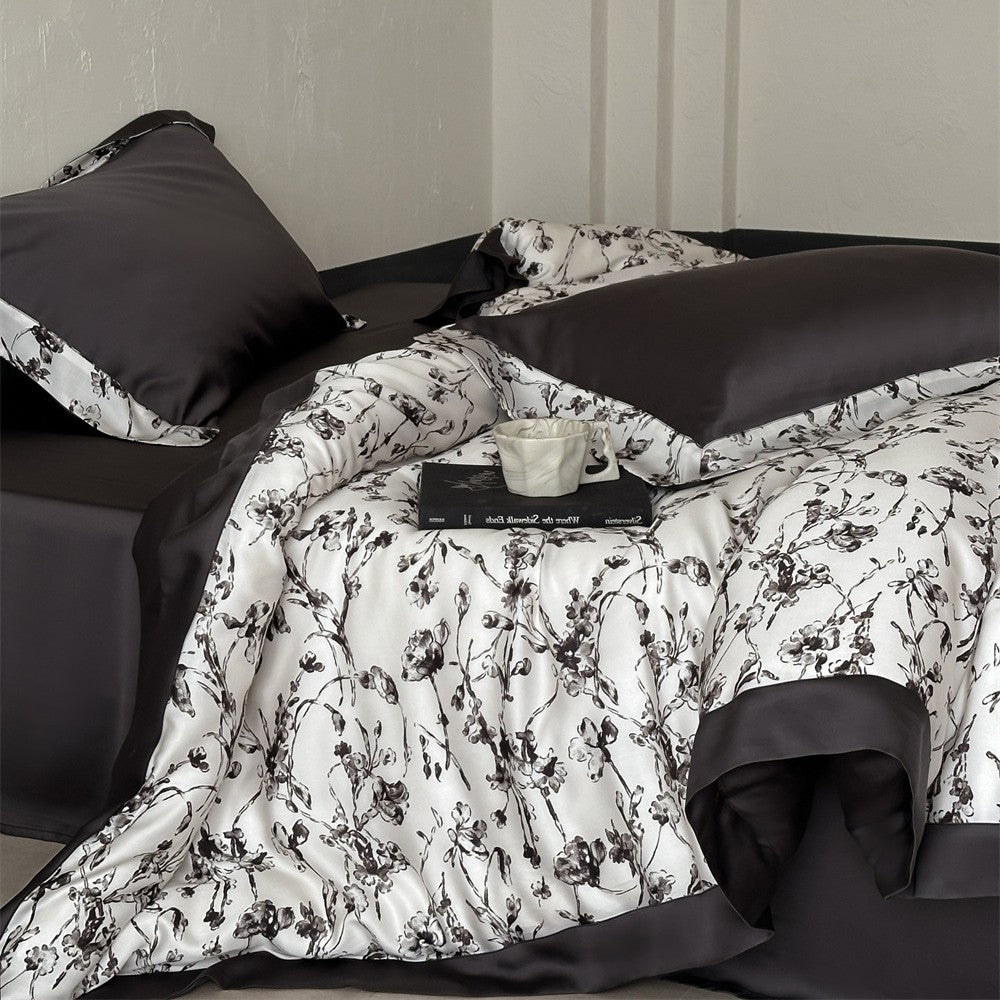Luxurious satin bedding set with floral watercolor print and satin edge