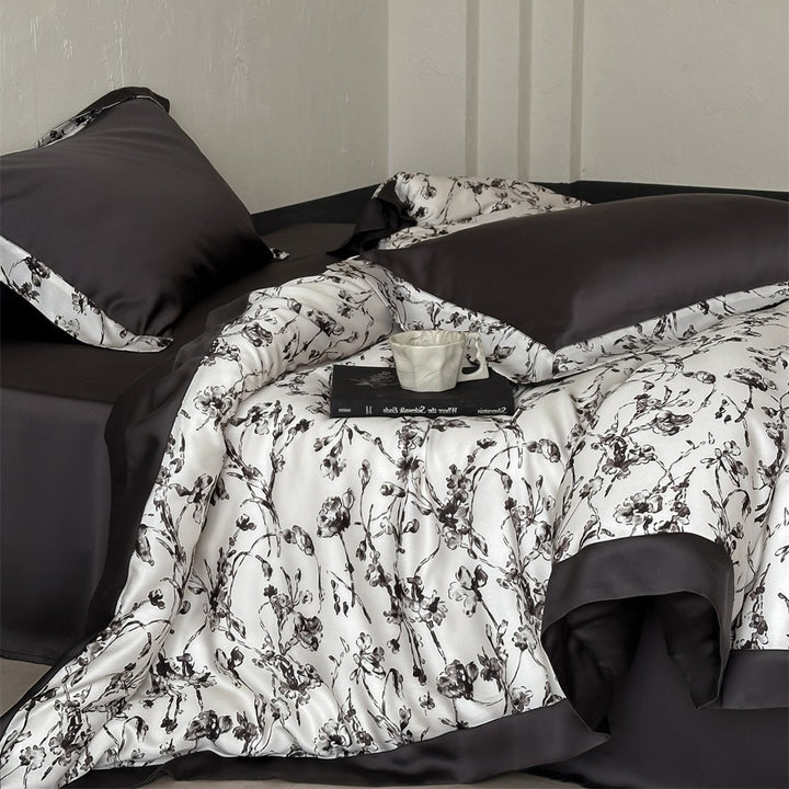 Luxurious satin bedding set with floral watercolor print and satin edge
