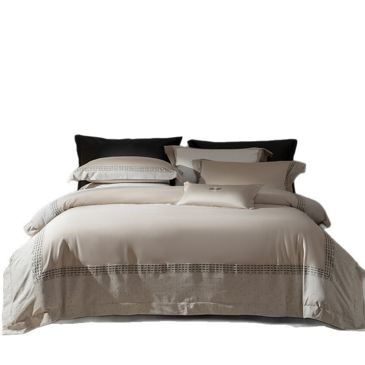 Hotel-Grade Sateen Duvet Cover Ensemble with Micro-Embroidered Lattice Border and Euro Shams