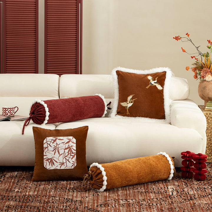 Luxurious embroidered satin pillowcase with art fur trim and crane motif Stornfield