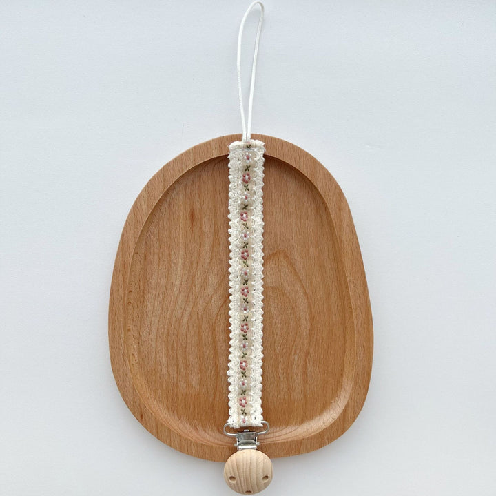 Natural Wooden Bead Pacifier Clip with Embroidered Cotton Lace Strap