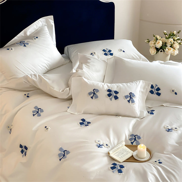 Embroidered Floral Appliqué Sateen Duvet Cover Set with Hidden Closure and Corner Ties