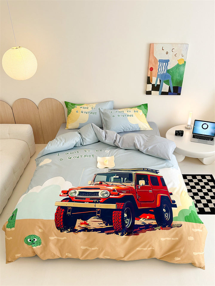 Children's bedding set with off-road jeep adventure illustration and soft cotton mix