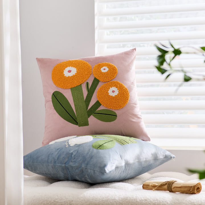 Square Velvet Appliqué Tufted Floral Accent Throw Pillow